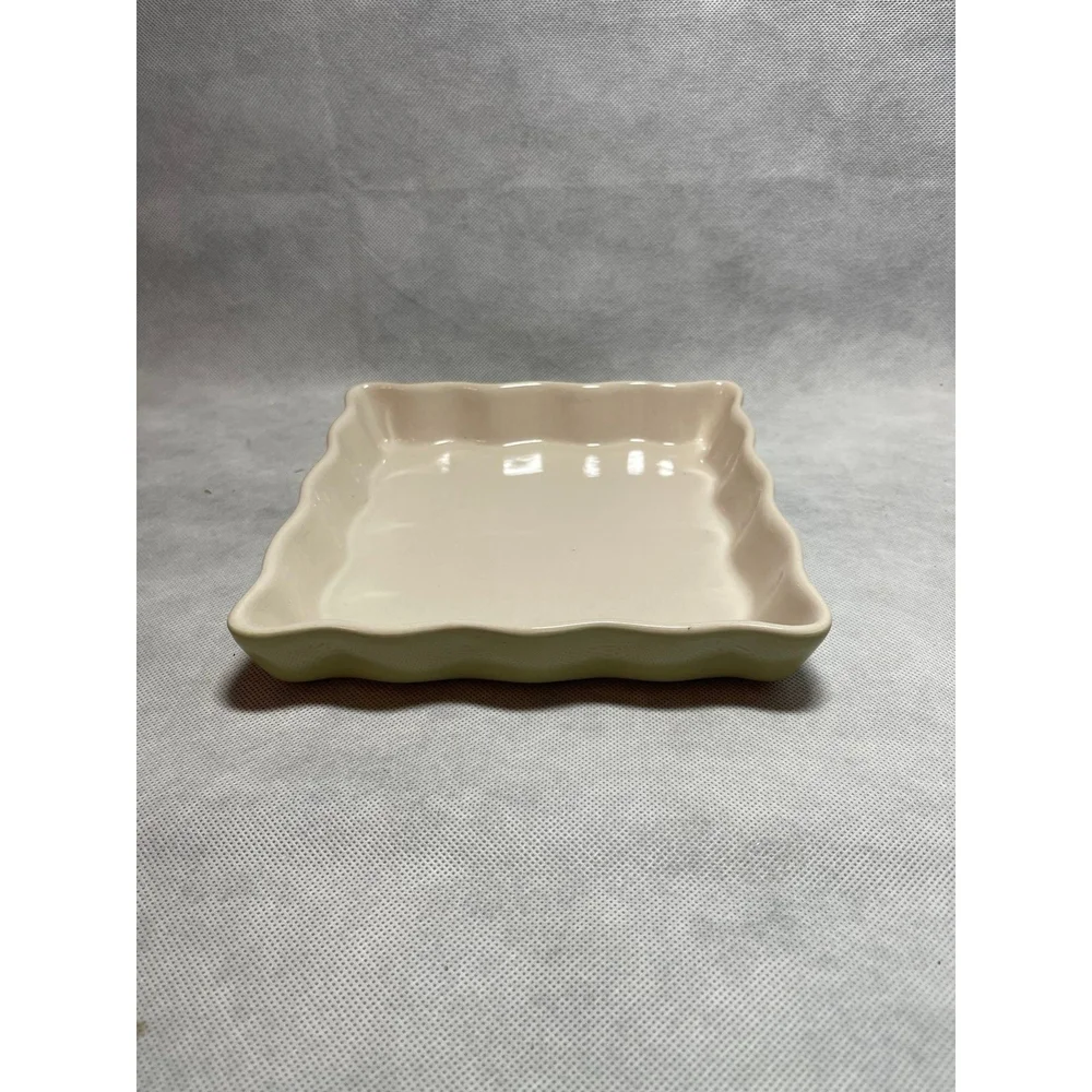 Vintage Square Scalloped Ceramic Baking Dish 7.5 Green Beige Stoneware Casserole